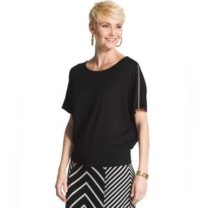 Chicos Zenergy Joan Solid Zip Top Black Dolman Short Sleeve Shirt Size 2  Large